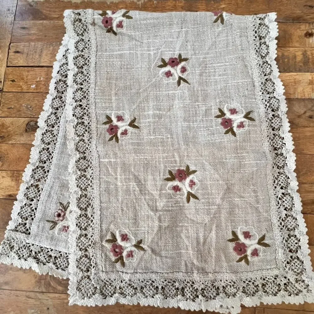 Vtg Austrian Übelhör Linen Blend Table Runner Lace Trim Floral Embroidery